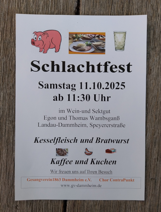 11.10.2025 ab 11:30 Uhr: Schlachtfest GV Dammheim"